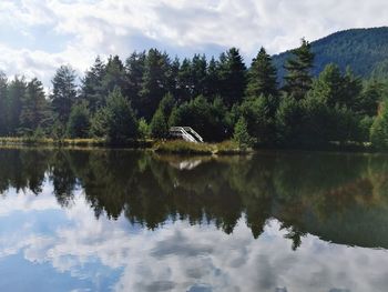 Reflection of trees in lake against sky