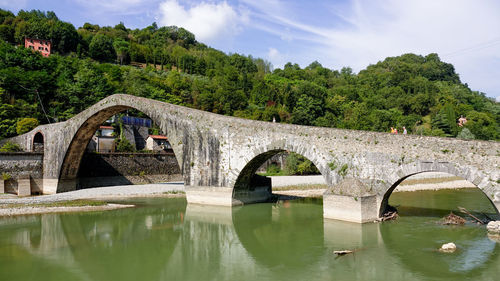 Arch bridge over river against sky