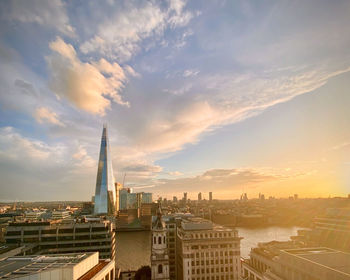 Aerial view of buildings against cloudy sky