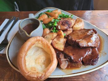 High angle view of english sunday roast