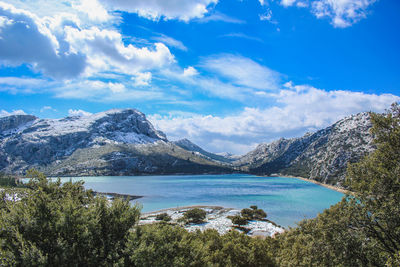 Scenic view of lake and mountains against sky