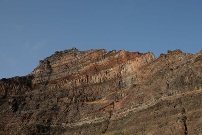 Low angle view of rocky mountains against clear sky