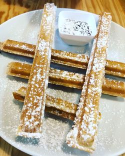 High angle view of dessert in plate on table