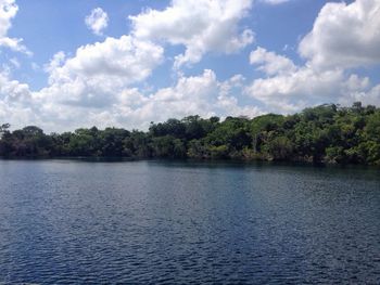 Scenic view of lake against cloudy sky