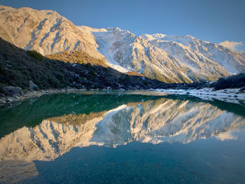 Scenic view of lake and snowcapped mountains against sky