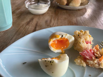 High angle view of breakfast served on table