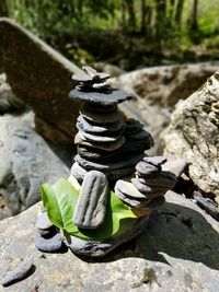 Close-up of stone stack on rock