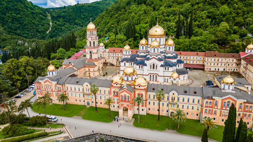 High angle view of buildings in town