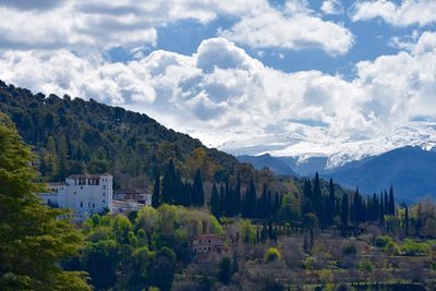 Scenic view of mountains against cloudy sky