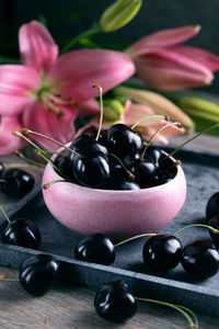 High angle view of fruits in bowl on table