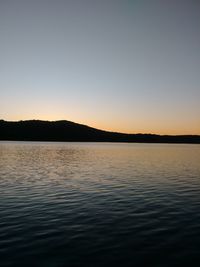 Scenic view of lake against clear sky during sunset