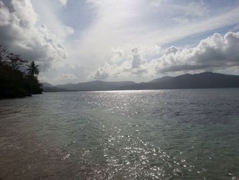 Scenic view of lake against cloudy sky