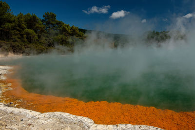 Surreal shore of the champagne pool within the waiotapu geothermal area in the north island of nz.