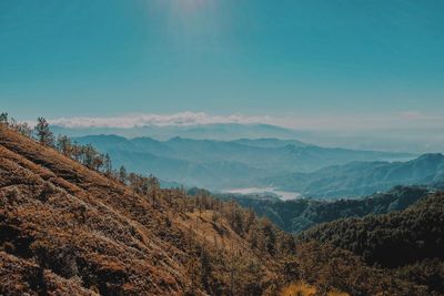 Scenic view of mountains against sky at sunset