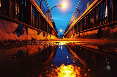 Surface level shot of wet street at dusk