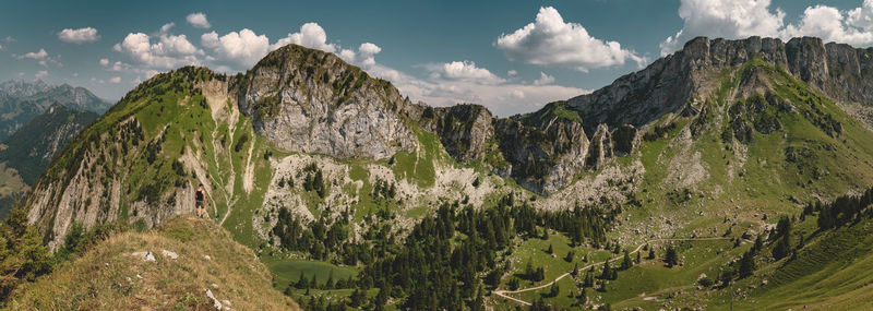 Panoramic view of land and mountains against sky