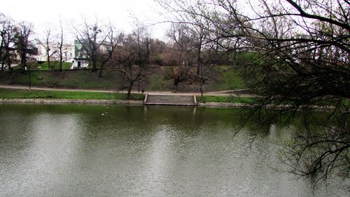 Scenic view of lake by trees against sky