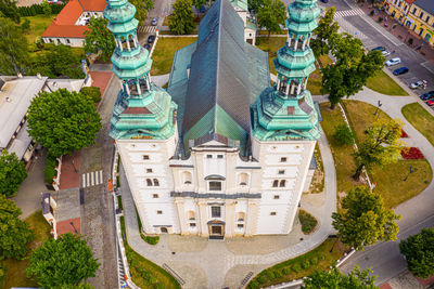 Top aerial panoramic view of lowicz old town historical city centre with rynek market square, old 