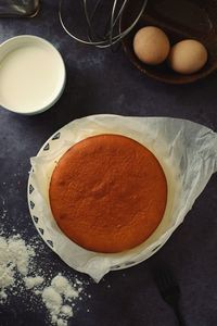 High angle view of egg in bowl on table