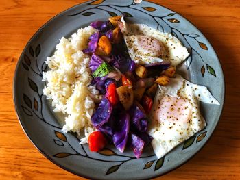 High angle view of breakfast in plate on table