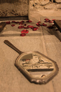 High angle view of rose on table