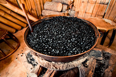 High angle view of black coffee on pot
