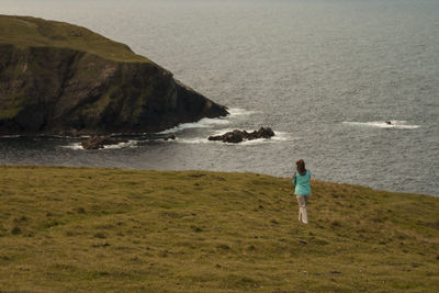 Rear view of man walking on beach