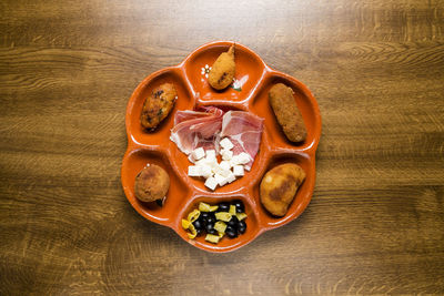 High angle view of breakfast on table