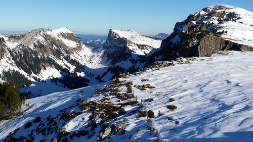 Scenic view of snowcapped mountains against clear sky