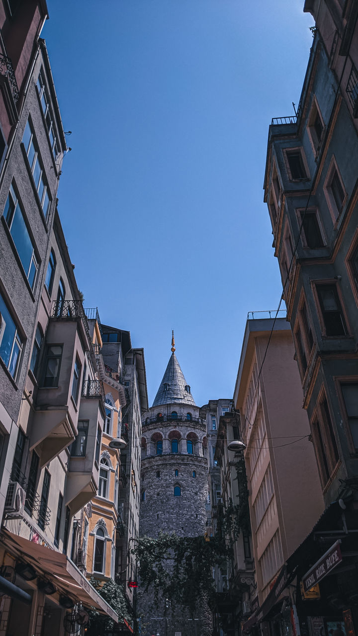 LOW ANGLE VIEW OF OLD BUILDING AGAINST CLEAR BLUE SKY