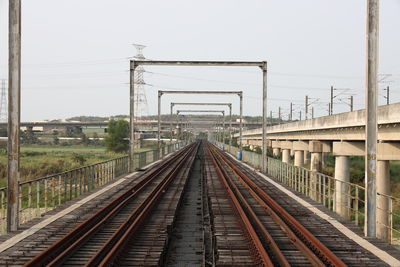 Railroad station platform against clear sky