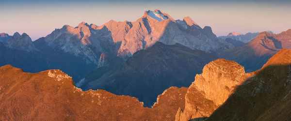 Panoramic view of mountains against sky during sunset