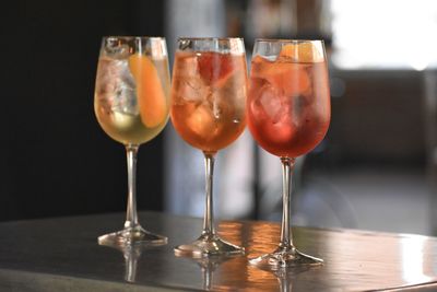 Close-up of wine in glass on table