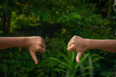 Close-up of people showing thumbs down against plants