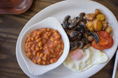 High angle view of breakfast served on table