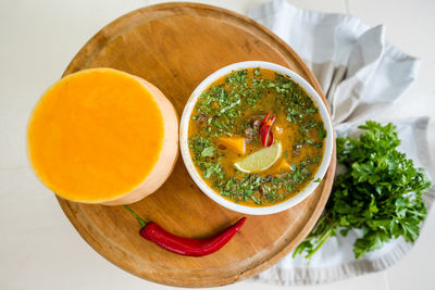 High angle view of food in bowl on table