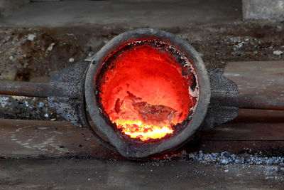 Close-up of molten iron in furnace at metal factory