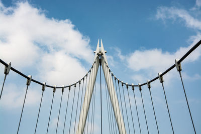 Low angle view of suspension bridge against sky