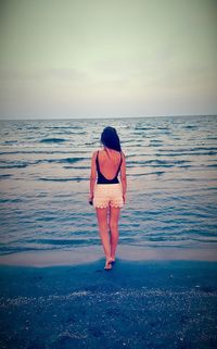 Rear view of woman standing at beach against sky