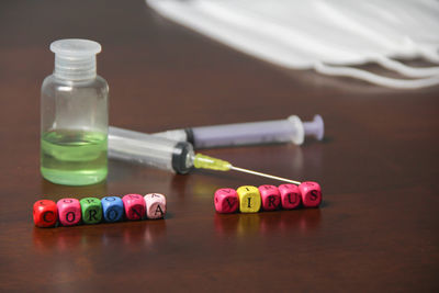 High angle view of bottles on table