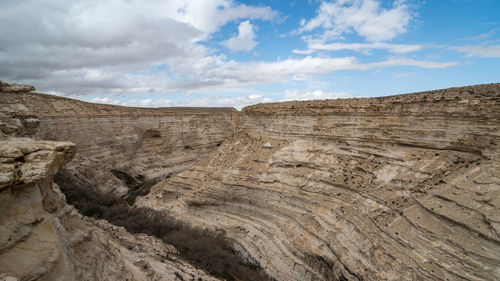 Low angle view of arid landscape against sky