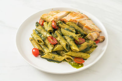 High angle view of salad in plate on table