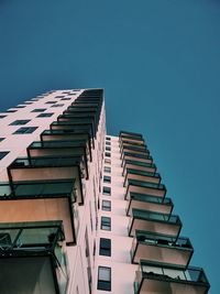 Low angle view of modern building against clear blue sky