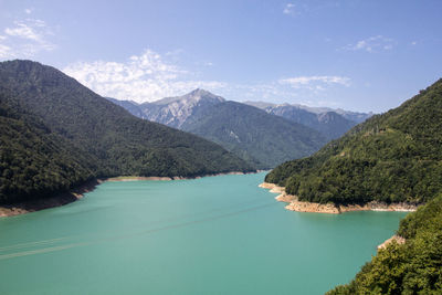 Scenic view of lake and mountains against sky