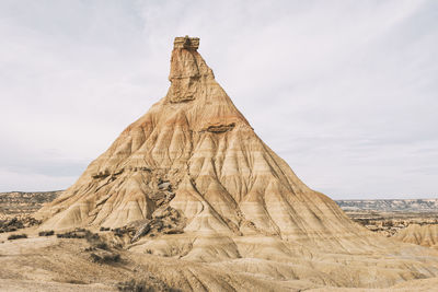 Imposing rocky mountain, landscape of bardenas reales, navarra. desert landscape of bardenas reales