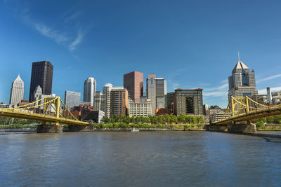 Bridge over river by buildings against sky in city