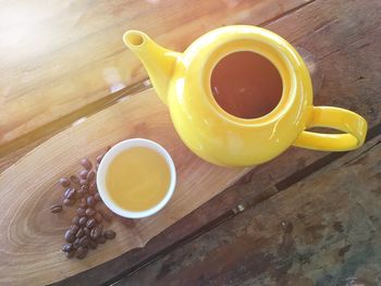 High angle view of coffee cup on table