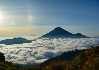 Scenic view of snowcapped mountains against sky during sunset
