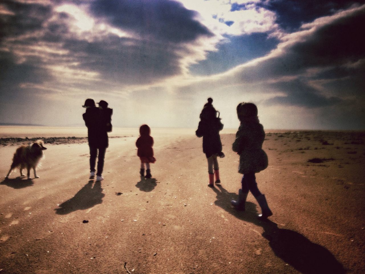 beach, sand, lifestyles, sky, togetherness, men, leisure activity, shore, sea, walking, cloud - sky, full length, person, bonding, animal themes, vacations, sunlight, enjoyment, domestic animals