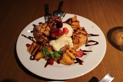 High angle view of food in plate on table